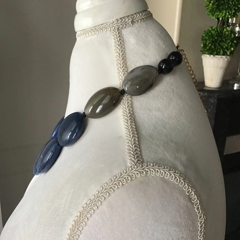 Blue River Stone Look Statement Necklace Blue Gray Flat Beads Black Cord NEW - Picture 7 of 9